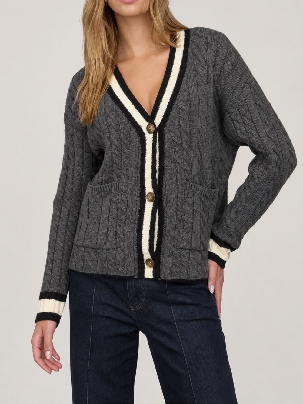 Zara | Women’s Gray Cable Knit Cardigan with Contrast Trim | Varsity Sweater | M